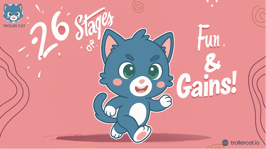 Banner with the Troller Cat mascot with text that reads '26 Stages Of Fun & Games!"